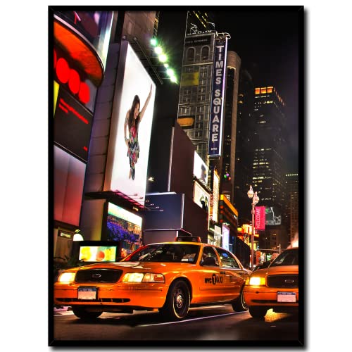 daazoo Wandbild Times Square | 30 x 40 cm Hochformat | Bild mit Rahmen schwarz Hochformat | Poster Manhattan City | New York Taxi Nacht | Wohnzimmer Büro von daazoo