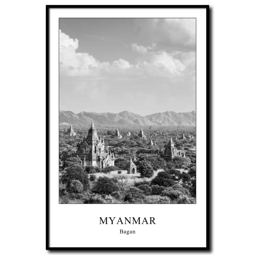 daazoo Wandbilder in Schwarz-Weiß Myanmar Bagan | Bild mit Rahmen Poster gerahmt vintage | Wohnzimmer Schlafzimmer Home Office Büro | Tempel Südostasien | 40 x 60 cm von daazoo