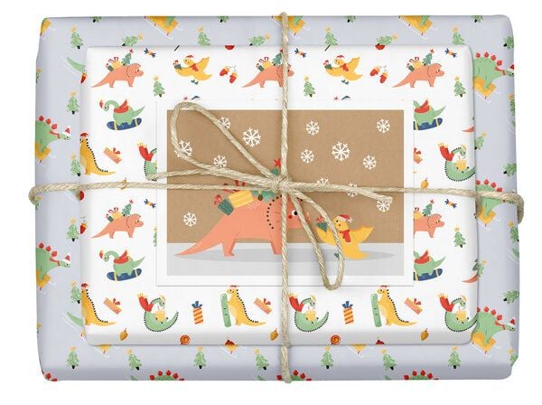 dabelino Geschenkpapier Set: Weihnachten "Dinosaurier": 4x Bögen + 1x Weihnachtskarte (für Kinder) von dabelino