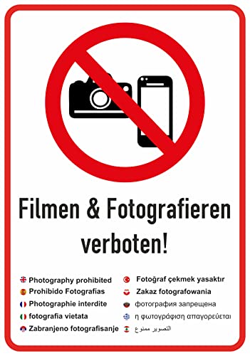 Daged Filmen und Fotografieren verboten internationale Sprache Aufkleber 10x14 cm Bildaufnahmen Kameras Hinweiszeichen Sicherheitszeichen Sticker MT-058 von daged