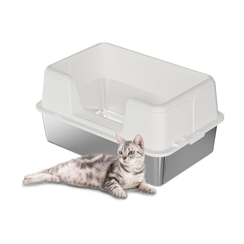 Katzentoilette aus Edelstahl mit Deckel, extra große hochseitige Katzentoilette, Katzentoilette mit rutschfester Katzentoilette und Schaufel, leicht zu reinigen, abnehmbar von dainslef
