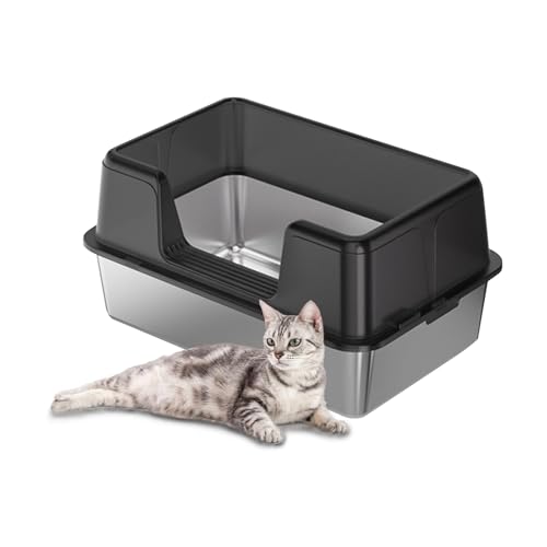 Katzentoilette aus Edelstahl mit Deckel, extra große hochseitige Katzentoilette, Katzentoilette mit rutschfester Katzentoilette und Schaufel, leicht zu reinigen, abnehmbar von dainslef
