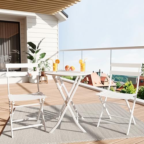 dainslef Outdoor-Bistro-Set mit 2 Stück, 3-teiliges faltbares Bistrotisch und Stühle, Gartenmöbel-Set, hochwertiger Metallrahmen, Couchtisch mit 2 Stühlen, für Veranda, Garten, Balkon, Pool (weiß) von dainslef