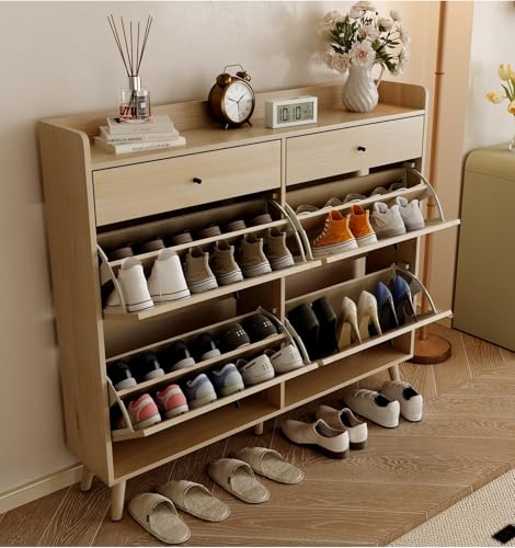dainslef Schuhschrank mit 4 Klappschubladen, 2 Schubladen, schmalem Schuhregal, freistehender Schuhschrank für den Eingangsbereich, Eiche von dainslef