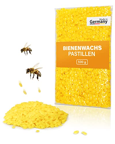 100% Reine Bienenwachs Pastillen, bestens geeignet für Creme, Salben, Seife und Kerzen selbst herzustellen (500 Gramm, Gelb) von dakamilech