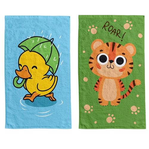 damaloo 2X Kinderhandtuch 30x50cm mit Tiger Motiv aus Baumwolle - Händetuch für Jungen – Ente Gästehandtuch Set - Gesichtstuch klein - Kleiner Waschlappen 30x50 cm - Kinder Handtuch für Mädchen von damaloo
