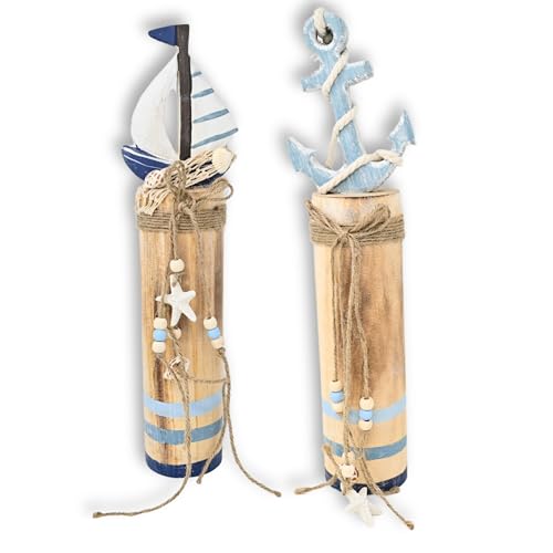 damaloo 2X Maritimes Deko Set 36x10 cm – Natur Holz Säule mit Segelboot & Anker – Segelschiff Holzpfeiler – Maritime Badezimmer Nautische Küstenstil Dekoration – Strandhaus Wohnaccessoires von damaloo