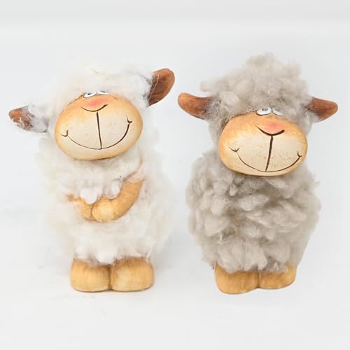 damaloo 2X Schafe Set Deko Figuren mit Kunst Fell – 11 cm Große Osterdeko Tisch Figur – Lämmchen & Wollschaf Set - Osterlamm Dekoration - Dekoschaf zum Hinstellen - Frühlingsdekoration Schäfchen von damaloo