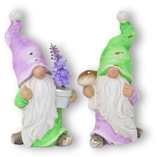 damaloo 2X Wichtel Figuren Set 19cm - Große Gartenzwerge für außen - Keramik Frühlingsdeko - Outdoor Osterwichtel - Herbstwichtel Figur - Frühjahrsdeko Zwerge mit Zipfelmütze - Herbstdeko Garten von damaloo