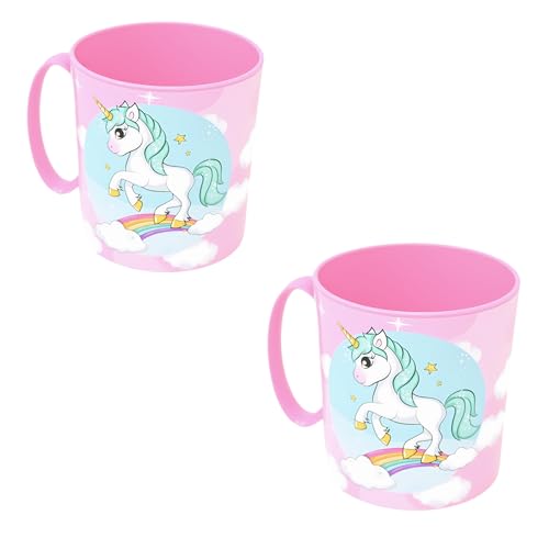 damaloo 2x Einhorn Trinkbecher für Kinder mit Henkel 390ml & BPA frei - Einhorn Kinder Becher für Kindergarten - Camping Becher mit Henkel - Baby Trinkbecher mit Henkel, Plastik Kinderbecher 2er Set von damaloo