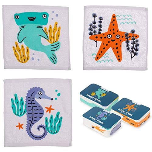 damaloo 3X Magisches Handtuch Kinder mit Tiermotiv - Zaubertuch mit Meerestiere Motiv - Magic Towel Kids - Magische Handtücher Set für Jungen & Mädchen - Zauber Waschlappen aus Baumwolle 30x30 von damaloo