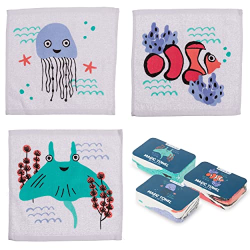 damaloo 3X Magisches Handtuch Kinder mit Tiermotiv - Zaubertuch mit Meerestiere Motiv - Magic Towel Kids - Magische Handtücher Set für Mädchen & Jungen - Zauber Waschlappen aus Baumwolle 30x30 von damaloo