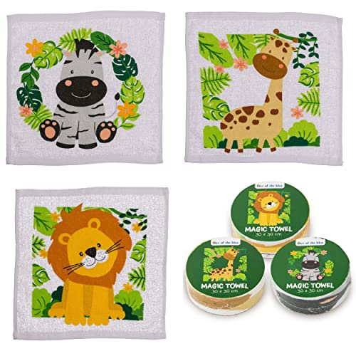 damaloo 3X Magisches Handtuch Kinder mit Tiermotiv - Zaubertuch mit Safaritiere Motiv - Magic Towel für Kids - Magische Handtücher Set für Mädchen & Jungen - Zauber Waschlappen aus Baumwolle 30x30 von damaloo