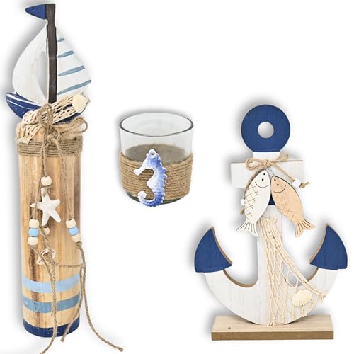 damaloo 3X Maritimes Deko Set – Set aus Holz Anker, Teelichthalter & Holzsäule mit Segelboot – Badezimmer Deko – Segelschiff - Nautische Küstenstil Dekoration – Strandhaus Wohnaccessoires von damaloo