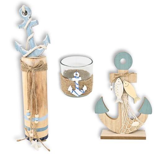 damaloo 3X Maritimes Deko Set – Set aus Holz Anker, Teelichthalter & Holzsäule mit Segelboot – Segelschiff – Badezimmer Deko - Nautische Küstenstil Dekoration – Strandhaus Wohnaccessoires von damaloo