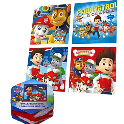 damaloo 4er Handtuch Set Paw Patrol Mitgebsel Kindergeburtstag Junge - Zauberhandtuch Kinder Gastgeschenke Set für Geburtstag - Kinderhandtuch Paw Patrol 30x30cm - Magic Towel Kinder von damaloo