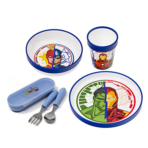 damaloo Avengers Geschirrset & Besteck Kinder 5-teilig - rutschfest & BPA frei - Avengers Geschirr Set mit Teller, Schüssel, Becher, Gabel, Löffel - Baby Geschirrset Jungen & Kinderbesteck mit Box von damaloo