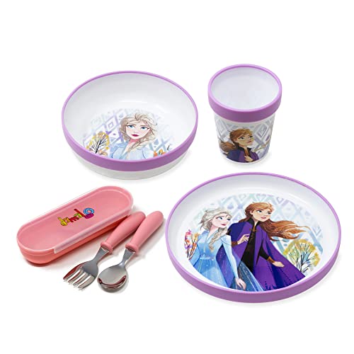 damaloo Kindergeschirr Set rutschfest mit Kinderbesteck BPA frei passend für Frozen Fans - 5-teiliges Geschirrset Eiskönigin - Wiederverwendbares Geschirr und Besteck für Kinder Baby von damaloo