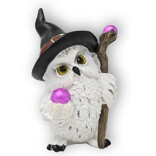 damaloo Magische Eulenfigur 9 cm – Schneeeule mit Zauberhut & Kugel – Schnee Eule für Wohnzimmer, Schlafzimmer, Bücherregal – Eulen Deko Figur – Balkon Dekoration – Fantasy Eule Deko von damaloo