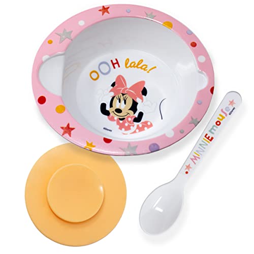 damaloo Minnie Mouse Baby Schüssel mit Saugnapf & Löffel. Minnie Maus Müslischale Kinder mit Löffelchen. Babybrei Geschirr Set mit Schale und Lernlöffel. Rutschfest & Wiederverwendbar. BPA frei von damaloo