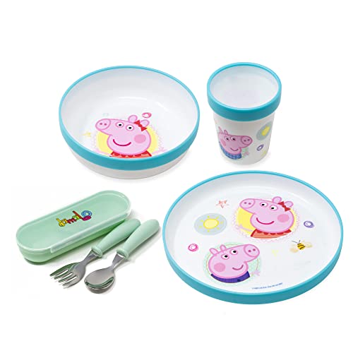damaloo Peppa Wutz Kindergeschirr Set rutschfest mit Kinderbesteck BPA frei - 5-teiliges Peppa Pig Geschirrset mit Teller, Schüssel, Becher - Wiederverwendbares Geschirr und Besteck für Kinder, Baby von damaloo
