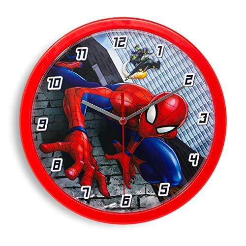 damaloo Spiderman Wanduhr Kinder mit 24cm Durchmesser - Kinderuhr Wand als Kinderzimmer Uhr zum Lernen der Uhrzeit - Wall Clock Kids - Deko Kinderwanduhr Jungen & Mädchen - Lernuhr Kinder von damaloo