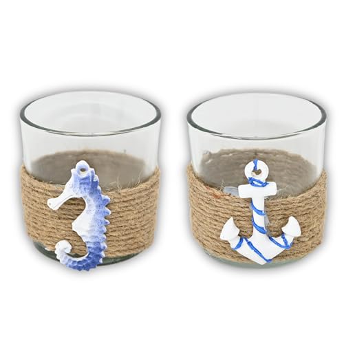 damaloo Teelichthalter Set Glas – 2er Set Windlichter maritim mit Anker & Seepferdchen – Kerzenglas Durchmesser 7 cm Höhe 8 cm – kleine Windlichtgläser als Tischdeko Hochzeit, Sommer & Outdoor damaloo Teelichthalter Set Glas – 2er Set Windlichter maritim mit Anker & Seepferdchen – Kerzenglas Durchmesser 7 cm Höhe 8 cm – kleine Windlichtgläser als Tischdeko Hochzeit, Sommer & Outdoor von damaloo