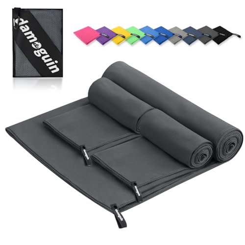 damoguin 3er-Set Mikrofaser Handtuch, Groß (180*80cm) & 2 Stück Klein (80*40cm) Schnelltrocknende Microfaser Fitness Handtücher, als Sporthandtuch, Strandtuch, Badetuch und Reisehandtuch (Dunkelgrau) von damoguin