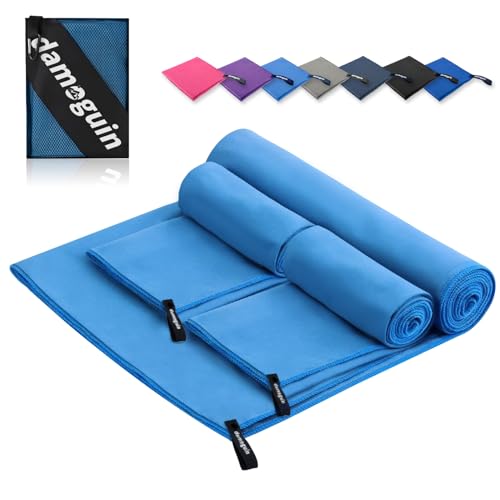 damoguin 3er-Set Mikrofaser Handtuch, Groß (180 * 80cm) & 2 Stück Klein (80 * 40cm) Schnelltrocknende Microfaser Fitness Handtücher, als Sporthandtuch, Strandtuch, Badetuch und Reisehandtuch (Blau) von damoguin