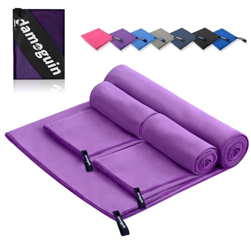 damoguin 3er-Set Mikrofaser Handtuch, Groß (180 * 80cm) & 2 Stück Klein (80 * 40cm) Schnelltrocknende Microfaser Fitness Handtücher, als Sporthandtuch, Strandtuch, Badetuch und Reisehandtuch (Lila) von damoguin