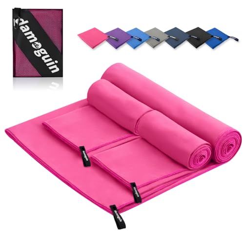 damoguin 3er-Set Mikrofaser Handtuch, Groß (180 * 80cm) & 2 Stück Klein (80 * 40cm) Schnelltrocknende Microfaser Fitness Handtücher, als Sporthandtuch, Strandtuch, Badetuch und Reisehandtuch (Rosa) von damoguin