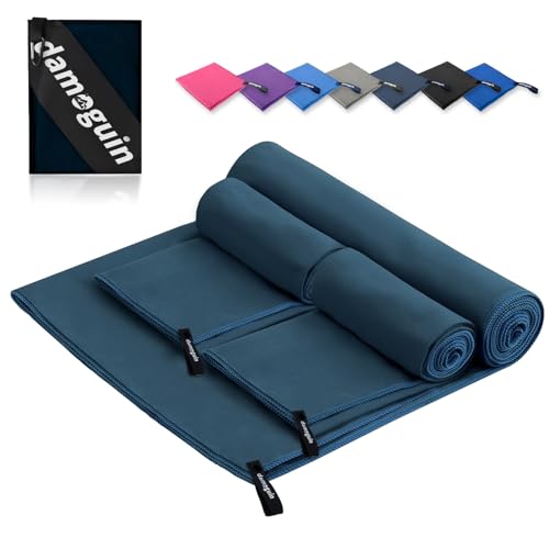 damoguin 3er-Set Mikrofaser Handtuch, Groß (180*80cm) & 2 Stück Klein (80*40cm) Schnelltrocknende Microfaser Fitness Handtücher, als Sporthandtuch, Strandtuch, Badetuch und Reisehandtuch (Marineblau) von damoguin