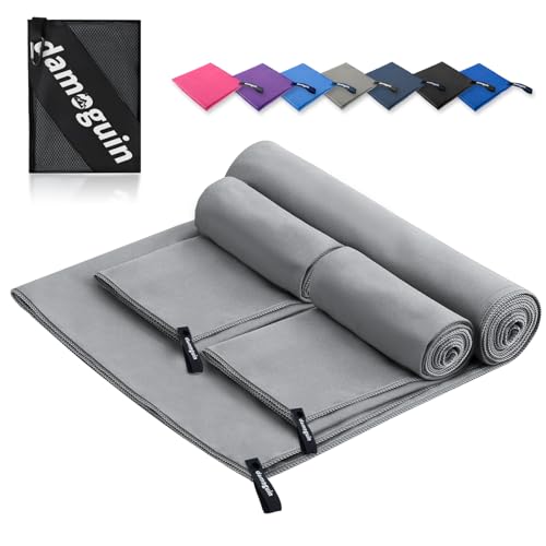 damoguin 3er-Set Mikrofaser Handtuch, Groß (180*80cm) & 2 Stück Klein (80*40cm) Schnelltrocknende Microfaser Fitness Handtücher, als Sporthandtuch, Strandtuch, Badetuch und Reisehandtuch (Hellgrau) von damoguin