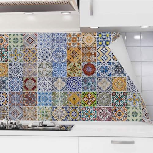 danario Küchenrückwand selbstklebend - Matt - Spritzschutz Küche - versteifte PET Folie - 0,37 mm - Mosaikfliesen bunt - 60cm x 400cm von danario