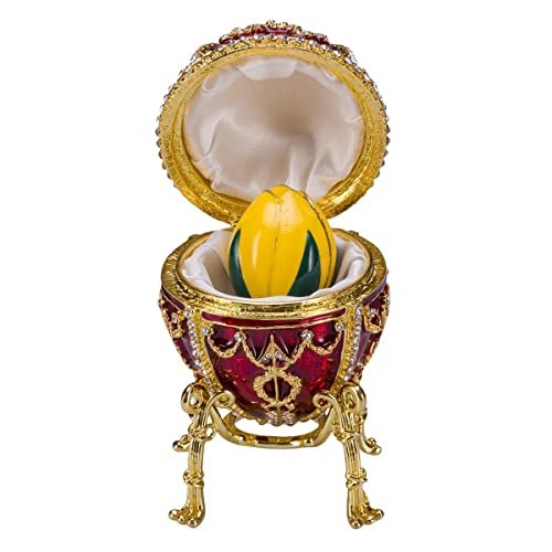 Fabergé-Stil Ei/Schmuckkästchen Rosenknospe mit Blume 9,5 cm rot von danila-souvenirs