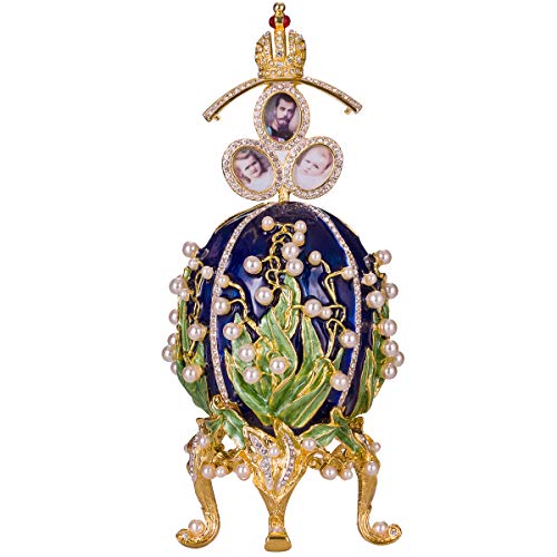 Fabergé-Stil Ei mit Fotorahmen Maiglöckchen mit Kaiserkrone 19 cm blau von danila-souvenirs