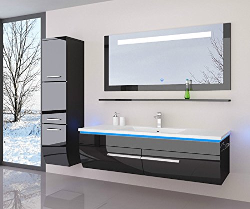 danny Homeline Badmöbel Set Hochglanz lackiert Komplett MDF Holz (120 Doppel Becken mit 1x Hochschrank, Black) von danny