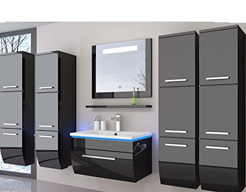 danny Homeline Badmöbel Set Hochglanz lackiert Komplett MDF Holz (70 cm mit 4X Hochschrank, Black) von danny