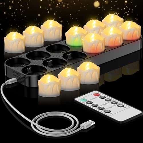 Aufladbare LED Teelichter mit Fernbedienung, 12er Set Timerfunktion und Ladestation - Flackernde Elektrische Kerzen für Wohnzimmer, Tischdeko, Halloween, Weihnachten Aufladbare LED Teelichter mit Fernbedienung, 12er Set Timerfunktion und Ladestation - Flackernde Elektrische Kerzen für Wohnzimmer, Tischdeko, Halloween, Weihnachten von daphomeu