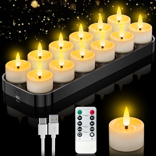 Aufladbare Led Teelichter mit Timerfunktion, 12er Wiederaufladbare LED Teelichter Kerzen Flackernde Flamme mit Fernbedienung und Ladestation für Wohnzimmer Partys Halloween und Weihnachten Deko von daphomeu