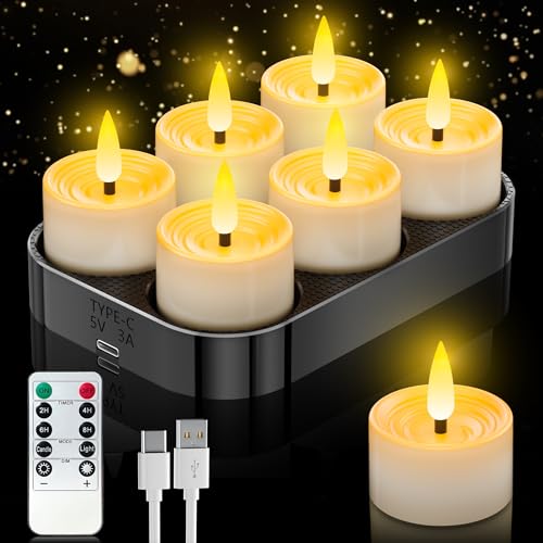 Aufladbare Led Teelichter mit Timerfunktion, 6er Wiederaufladbare LED Teelichter Kerzen Flackernde Flamme mit Fernbedienung und Ladestation für Wohnzimmer Partys Halloween und Weihnachten Deko von daphomeu