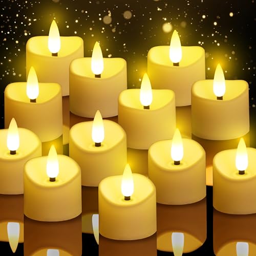 daphomeu Flammenlose LED Teelichter 12 Stück, LED Kerzen mit austauschbaren Batterien, 4 x 4,5cm simulierte Kerzen für Hochzeiten, Partys, Halloween, Weihnachten Heimdekoration, 3D FLAMME von daphomeu