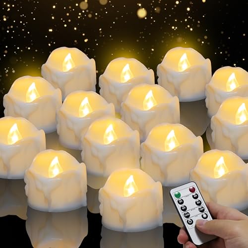 Led Kerzen mit Timerfunktion, 14 Stücke LED Kerzen Flammenlose Kerzen Teelichter mit Fernbedienung mit Automatischer Timer-Modus: 6 Stunden an und 18 Stunden aus; Warmes-Licht, 3.2x3.6cm von daphomeu