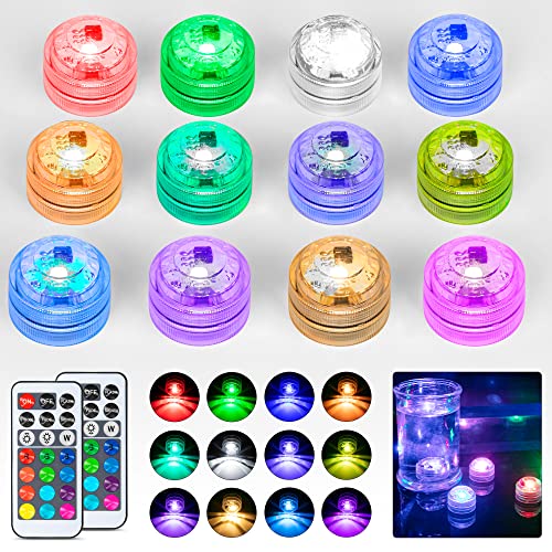 daphomeu Mini LED Lichter, RGB Lampe Wasserdicht 12pcs, Mehrfarbig Aquarium Licht, unterwasser led mit Fernbedienung für Aquarium, Pool, Garten, Hochzeitsfeier, Weihnachtsdekoration von daphomeu