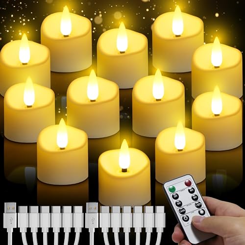 daphomeu Wiederaufladbar LED Teelichter mit fernbedienung 12 Stück, Flammenlose LED Kerzen mit Auto-Timerfunktion, Elektrische Kerzen für Hochzeiten Partys Halloween Weihnachten Heimdekoration von daphomeu