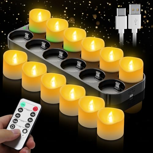 Wiederaufladbare LED Teelichter 12 Stück mit Fernbedienung und Timerfunktion, Elektrische Kerzen mit USB-C Ladestation für Hochzeiten Partys Dekoration, Flammenlose Teelichter Set für Zuhause von daphomeu