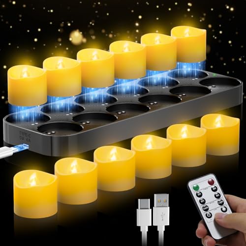 daphomeu 12er Set Wiederaufladbare LED Teelichter mit Fernbedienung und Timerfunktion - Magnetische Ladestation, 100H+ Betrieb, Flackernde Elektrische Kerzen für Weihnachtsdeko & Tischdekoration von daphomeu