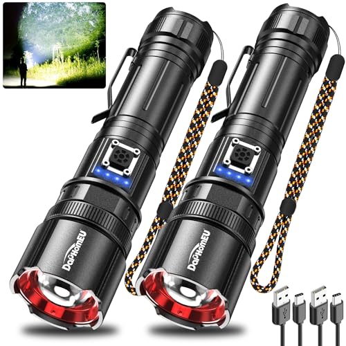 daphomeu Taschenlampe Led Aufladbar, 2er-Pack 250000 Lumen Led Taschenlampe Extrem Hell, Metall Taktische Taschenlampe mit 5 Modi & Zoomable & Batterieanzeige für Camping Wandern NotfäLle von daphomeu