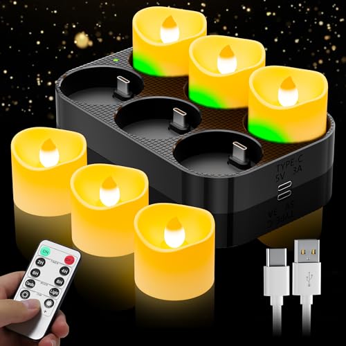 daphomeu Wiederaufladbare LED Teelichter 6 Stück mit Fernbedienung, Elektrische Teelichter mit Timer und USB-C Ladestation, Flammenlose Kerzen für Tischdeko, Partys, Zuhause daphomeu Wiederaufladbare LED Teelichter 6 Stück mit Fernbedienung, Elektrische Teelichter mit Timer und USB-C Ladestation, Flammenlose Kerzen für Tischdeko, Partys, Zuhause von daphomeu