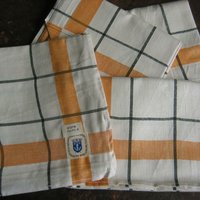Vintage 4 Original Antike Rein Leinen Handtücher Küchentücher Geschirrtücher in Beige Mit Streifen Gelb Schwarz 70x68cm Originaletikett von darauffreueichmich